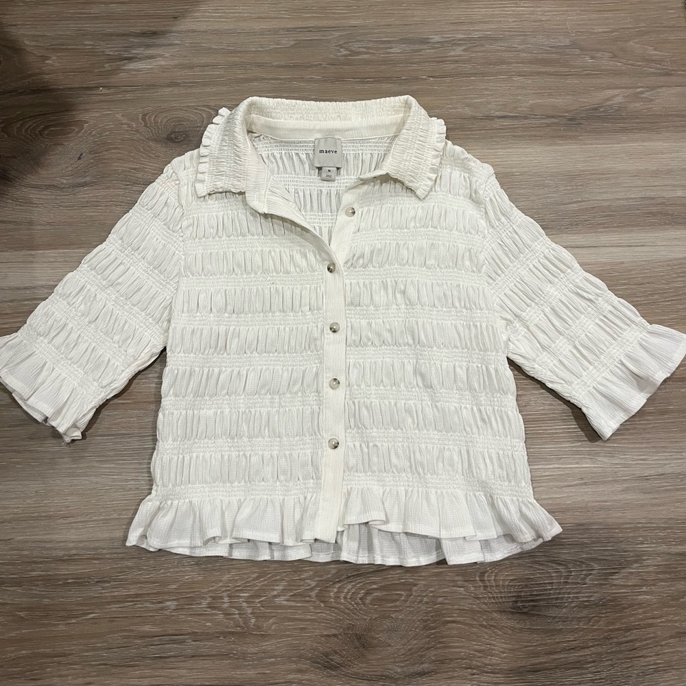 Anthropologie Maeve Button Front Smocked Top White Size Medium - Picture 4 of 7